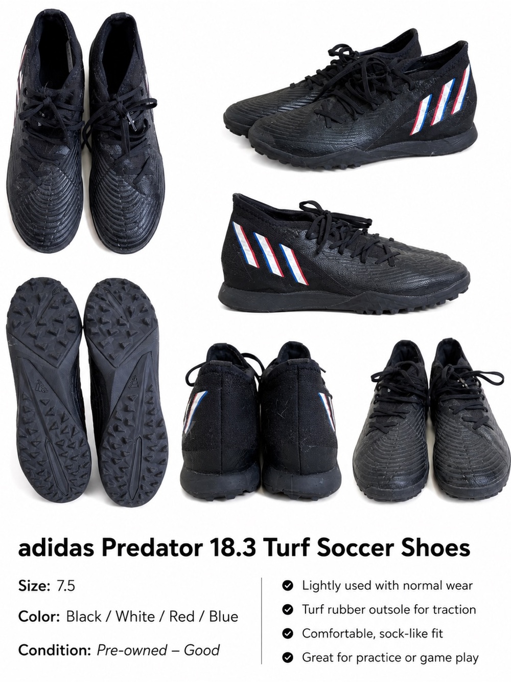 adidas Kids Predator Turf Soccer Shoes - Black with White, Red & Blue Stripes